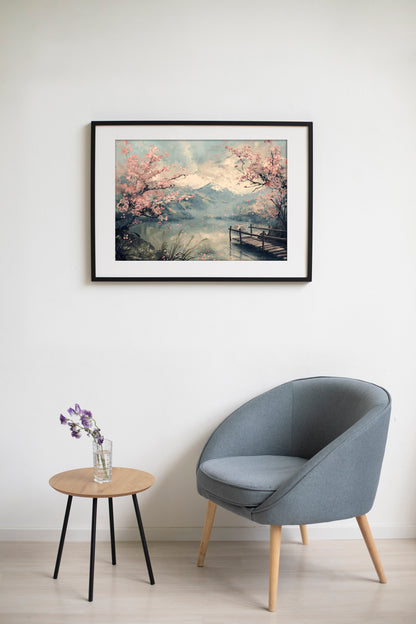 Cherry Blossom Lake – Tranquil Japanese Landscape Digital Art Poster