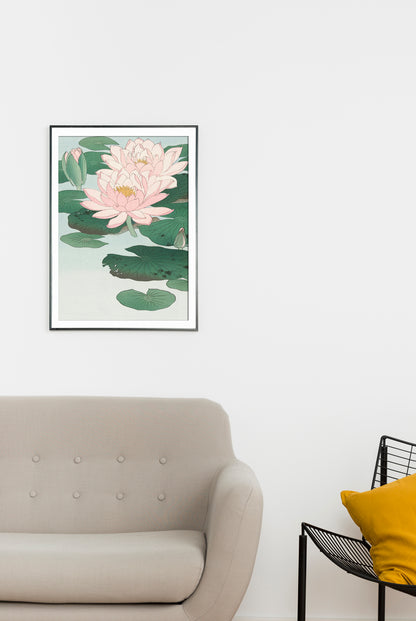 Japanese Lotus Flower Digital Art Poster | Tranquil Water Lily Wall Print