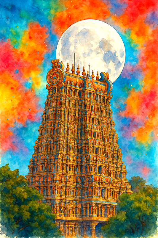 Meenakshi Amman Temple Watercolor Print | Vibrant South Indian Temple Art | Digital Wall Art