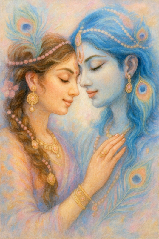 Radha Krishna Romantic Pastel Painting – Ethereal Divine Love Art Print