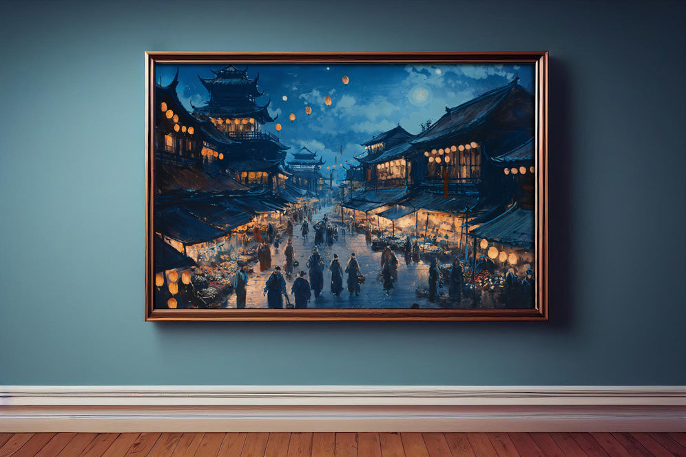 Ancient Night Market - Digital Art Print | Lantern-Lit Asian Street Scene
