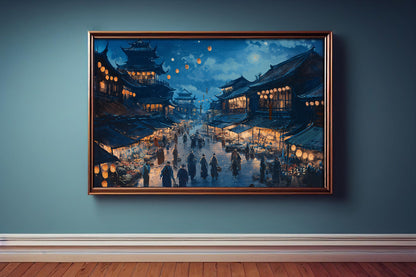 Ancient Night Market - Digital Art Print | Lantern-Lit Asian Street Scene