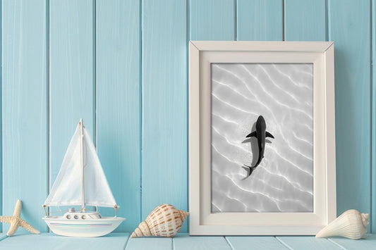 Minimalist Shark in Shallow Water Digital Art Poster | Ocean Wildlife Wall Print