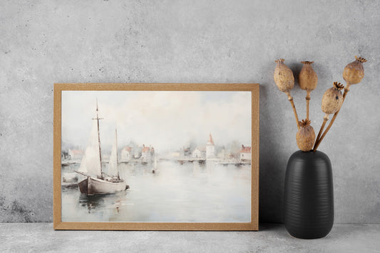Soft Coastal Village Painting – Dreamy Sailboat & Harbor Wall Art