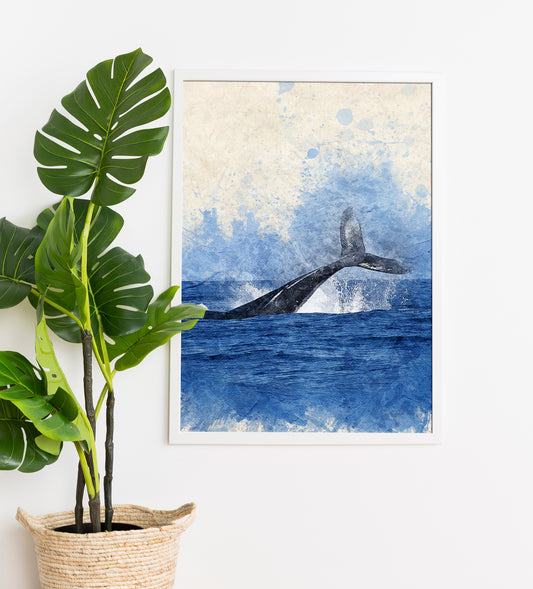 Whale Digital Art Poster | Ocean Splash Watercolour Wall Print