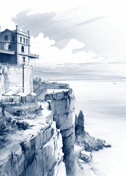 Architectural Cliffside Sketch | Coastal Building Line Art Print in Monochrome Blue